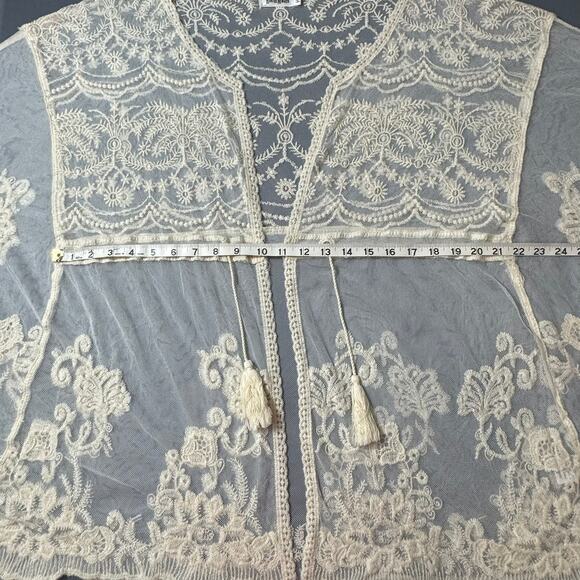 ROOMMATES Lace Duster Cardigan XL Beige Tie at Waist Tassels Boho Romantic Chic - Picture 2 of 11